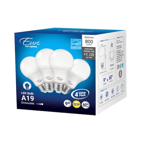 Euri Lighting LED A19 60W Dim ES EA19-6000e-4